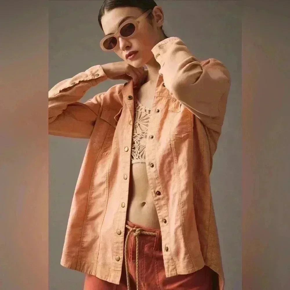 Pilcro Anthropologie Jacket Button Up Shirt Distressed Shacket Utility Peach XS‎